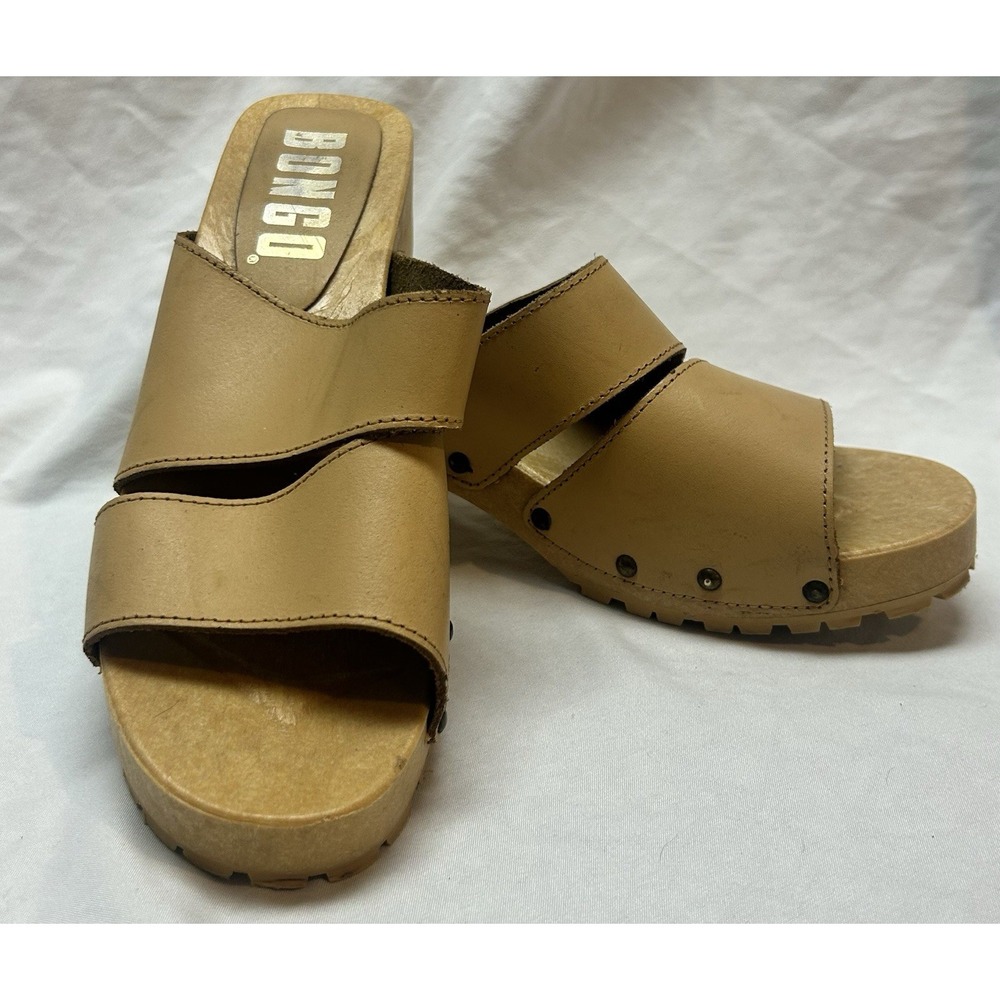 VTG Y2K Bongo Tan Faux Wood Chunky Platform Sandals 7.5 Boho Made In Italy